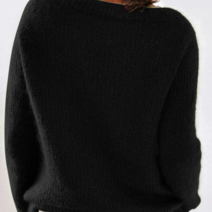 Women's Black Oversized Boat Neck Knit Sweater Casual Slouchy Pullover Comfortable Fashion Top for Autumn Winter
