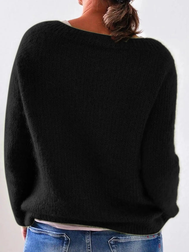 Damen Schwarzer Oversized Strickpullover mit U-Boot-Ausschnitt Lässiger Slouchy Pullover Bequemes Mode-Oberteil für Herbst Winter