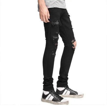 Korean Fashion Jeans Men's Black Ruffian Handsome Trendy Brand Hot Diamond Ripped Beggar Slim Spring Autumn Elastic Casual Pants
