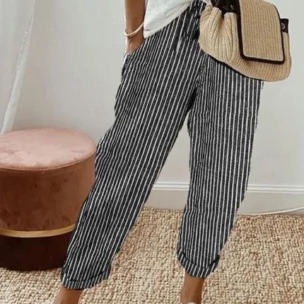 European and American Cross border Women's Summer New Fashionable Loose Stripe Printed Elastic Waist Drawstring Casual Pants