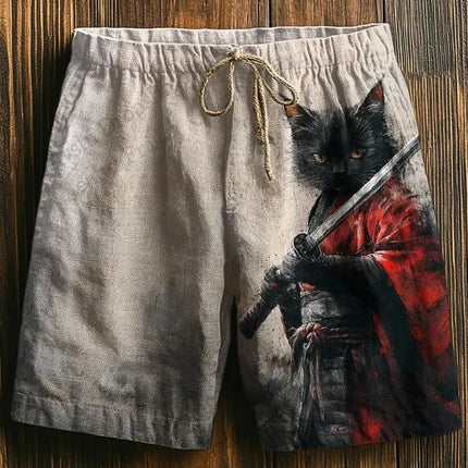 Men's Board Shorts Men Short Cartoon Samurai Cat Drink Animal 3d Hawaiian Beach Short Swim Trunk Swimsuit Sports Pant Boy Brief