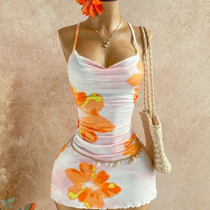 Women Halter Cowl Neck Floral Print Side Ruched Ruffle Hem Mini Dress 2026 Summer Tropical Beach Y2K Going Out Party Bodycon Dre