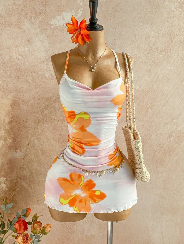 Women Halter Cowl Neck Floral Print Side Ruched Ruffle Hem Mini Dress 2026 Summer Tropical Beach Y2K