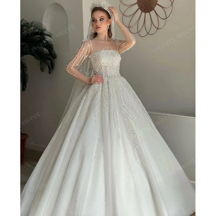 Luxurious Wedding Dress Embroidery With Bead Ball Gown A-Line Square Collar Full Sleeve Customized Bride Dress Vestido De Novia