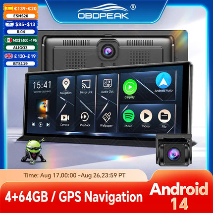K60 Pro Rearview DVR Android 14 DashCam Wireless CarPlay Android Auto Dual Lens 1080P Video Recorder GPS Navigation WIFI Reverse