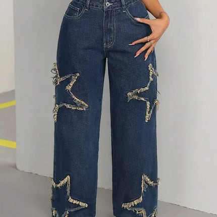 Women's Loose Fit Jeans with Pockets Mid Rise Star Patch Wide Leg Denim Pants Casual Y2K Grunge High Waist Ladies Trousers
