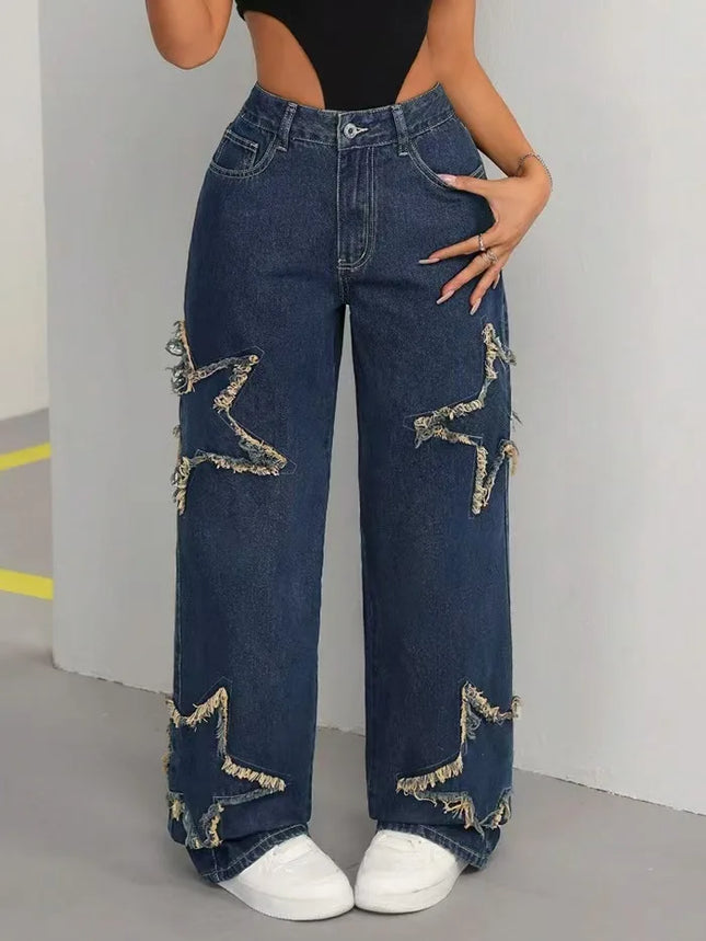 Women's Loose Fit Jeans with Pockets Mid Rise Star Patch Wide Leg Denim Pants Casual Y2K Grunge High Waist Ladies Trousers