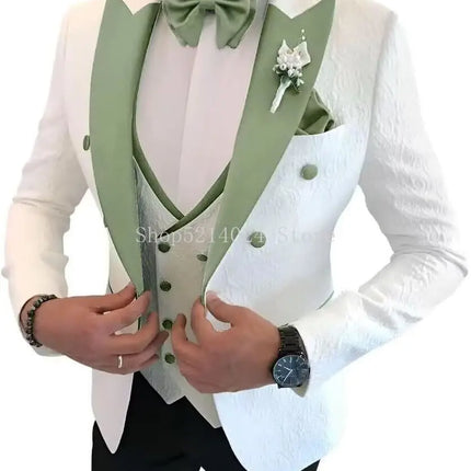 Floral Jacquard 3 Piece Suits for Wedding Slim Fit One Button Tuxedos Blazer Double Breasted Vest Pants