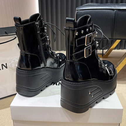 Platform Boots Goth for Women Lace up Wedge Heel Buckle Ankle Booties Studded Short Motorcycle Boots with Zipper White