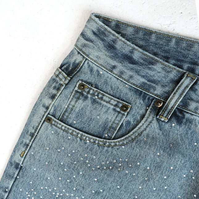Pantalones cortos de mezclilla negros y azules con diamantes brillantes estilo streetwear para hombres y mujeres, shorts holgados vintage de mezclilla con pedrería, talla grande