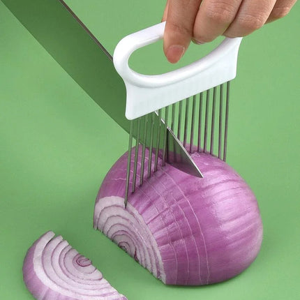 Effortlessly Slice Onions With This 1pc Colorful Onion Slicer Kitchen Stainless Steel Potato Chip Onion Holder - product imag