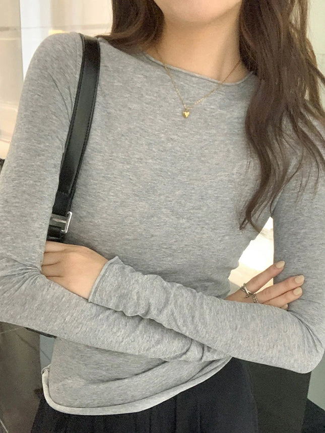 Spring Autumn T Shirt Tops Solid Slim Fit Long Sleeve O Neck Tshirts Casual Streetwear High Quality Base Tees