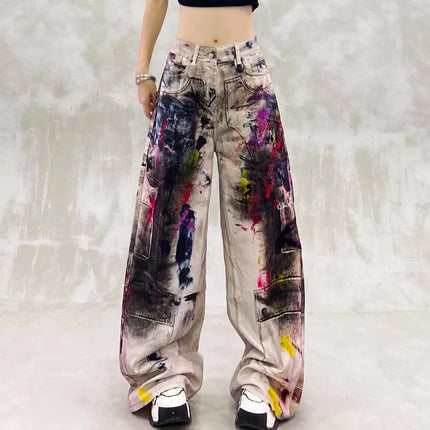 Y2k Jeans Ladies Cool Painted Graffiti With High Waist and Loose Fit Torn Jeans for Woman Women's Denim Pants Coquette Jean Pant