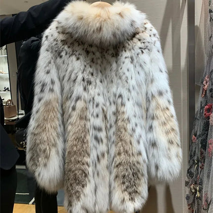 Leopard Faux Fur Cardigan Fox Fur Coats Loose Thick Warm Fur Outerwear Spliced Turn Down Collar Overcoat High Street Winter