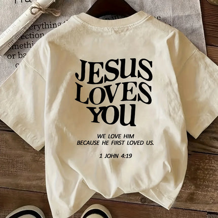 2026 New Women's Round Neck Fashionable Letter Cartoon Print Fashion Short Sleeve Casual T-Shirt Jesus Loves You Round Neck Tee