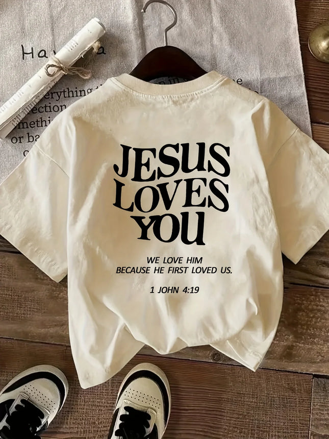 2026 Neues Damen Rundhals Mode Buchstabe Cartoon Print Mode Kurzarm Casual T-Shirt Jesus Loves You Rundhals-T-Shirt