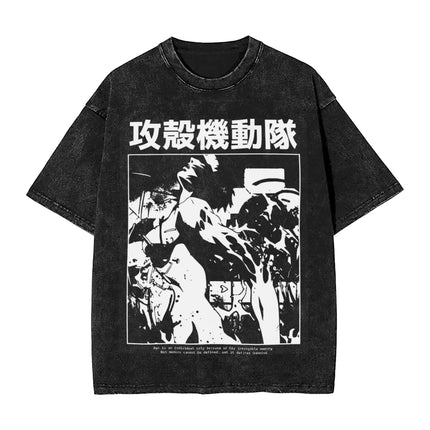 Vintage Washed T-Shirts Ghost In The Shell Print T Shirt Men Women Clothing Cotton Tee Shirt Summer Short Sleeve Streetwear