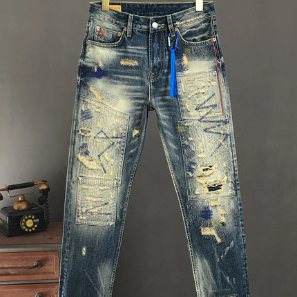 100% Cotton Heavyweight Ripped Patch Jeans for Men Autumn/winter Loose Straight Spliced Denim American Vintage High-street Pants