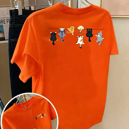Cartoons Cats Prints T-Shirts Summer Womens Cotton T Shirts Basic O-Neck Oversized Short Sleeve Tops Casual Street Woman Clothes