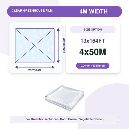 Size infographic for the 4x50M / 13x164FT clear greenhouse film