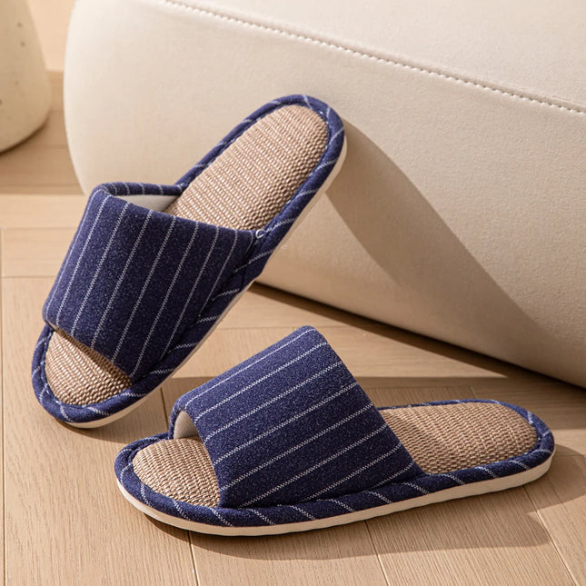 Women Spring and Autumn Slippers Fashion Stripe Flax Indoor Non-slip Comfy Soft Sole Couple Bedroom Causal Flat Shoes