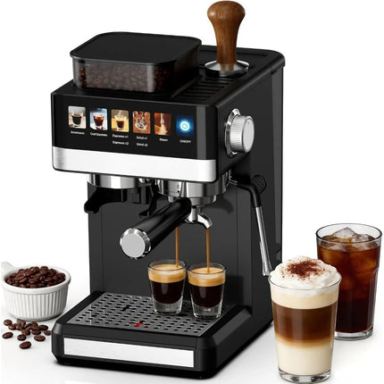 20Bar Compact Espresso Coffee Maker with Grinder and Milk Frother for Home Cappuccino Latte Americano and Iced Cold Brew