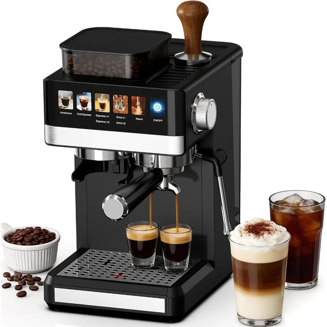 20Bar Compact Espresso Coffee Maker with Grinder and Milk Frother for Home Cappuccino Latte Americano and Iced Cold Brew