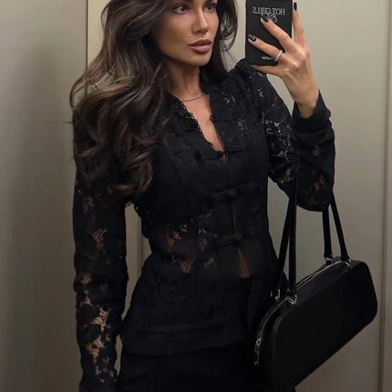 Summer Lace Printed Shirts Tops Hollow Out Commute Vintage See-Through Blouse Lace Shrug Shirts