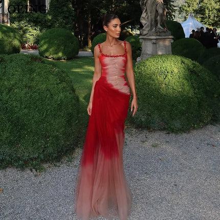 OEING Modern Mermaid Evening Dresses Contrast Color Tulle Pleats Sleeveless Formal Occasion Dress Gala Women vestidos Customized