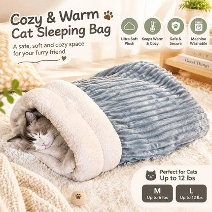 Cat Sleeping Bag Warm Fluffy Enclosed Tunnel Kitty Bed for Indoor Cats Cat Cave Bed Cozy Self Warming Pet Sack Bed for Kittens