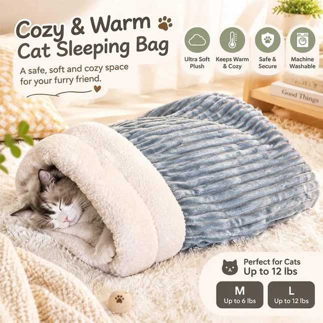 Cat in a grey-blue ribbed sleeping bag with M and L size labels