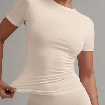 Women's White Solid Round Neck Short Sleeve Fitted T-Shirt for Summer Casual Wear