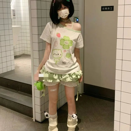Ezgaga Harajuku T Shirts Women Cartoon Sweet Diagonal Collar Short Sleeve Off Shoulder Funny Tops Female Y2k Ladies Tshirts