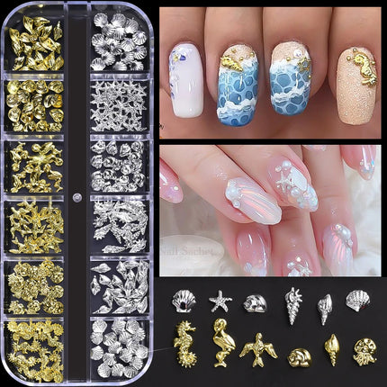 6 Grids Metal Summer Ocean Nail Art Charms 3D Shell Starfish Seahorse Caviar Beads Alloy Nail Jewelry Mixed Manicure Studs Decor
