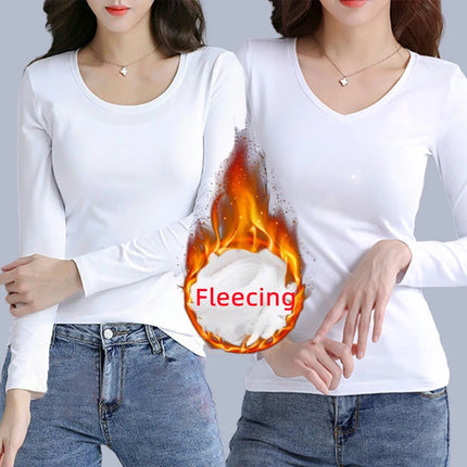 O Neck Long Sleeve Fleeceing Heating Fiber Thermal Basic T-Shirts Winter Bottoming Cropped Tops Casual Skinny