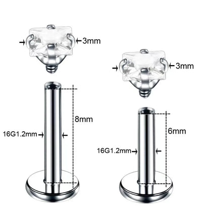 2pcs Stainless Steel Piercing Tragus Stud Earrings, Crystal Labret Small Ear Stud Helix Cartilage Earring for Women Body Jewelry