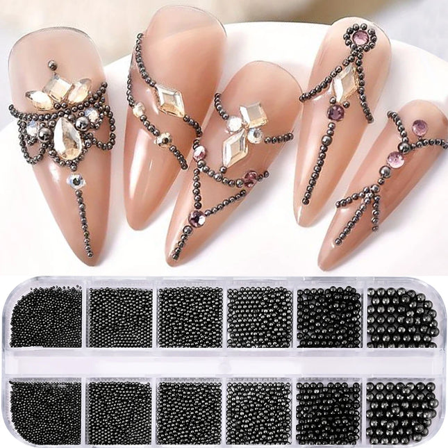 1 Caja de diamantes de imitación de uñas de media perla, parte posterior plana, múltiples tamaños, oro y plata, perlas de metal, decoraciones de arte de uñas, cuentas de oro con parte posterior plana