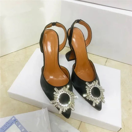 2026  European and American Women's Satin High Heels Pointed Sun Buckle Decorative Fashion Shoes
