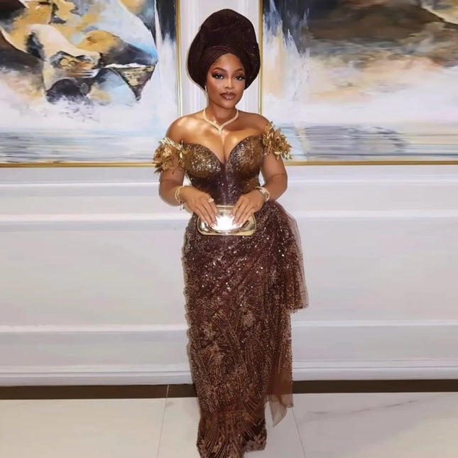 Luxuriöse braune Pailletten-Abendkleider Afrikanische Hochzeits-Partykleider Aso Ebi Geburtstags-Kleid Meerjungfrauen-Abendkleid für Damen Maßanfertigung