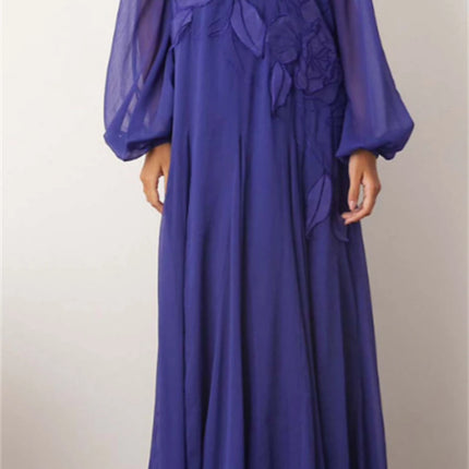 Customized Simple Purple Chiffon Evening Dress Temperament O-Neck Long Sleeves Prom Dress Exquisite Special Occasion Gowns