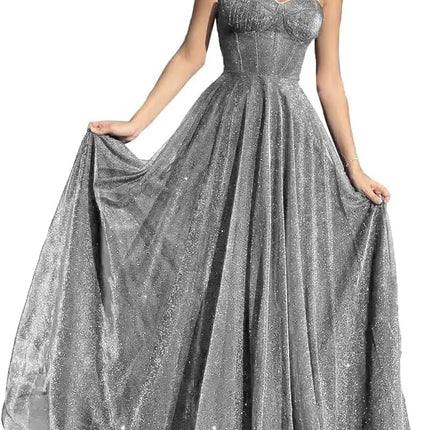 Sparkly Tulle Prom Dresses for Women 2025 Long Corset A Line Spaghetti Straps Glitter Formal Gowns Evening Dress Customized