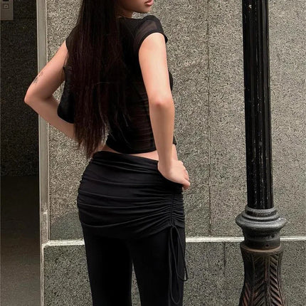 Summer Y2K Sexy Club Party Sheer Mesh Solid Slim Fit Cropped Hook Eye Corset Round Neck Short Sleeve T-shirt