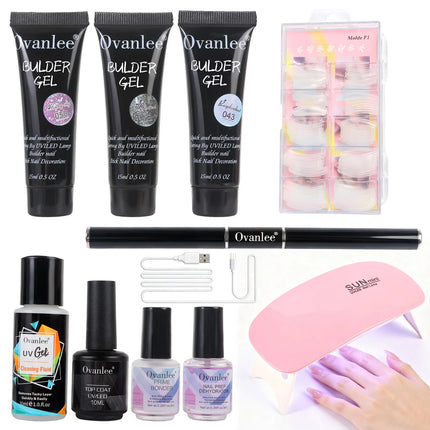 Ovanlee 13pcs gift box packaging,Builder Gel, Nail Cleanser, Base Coat, Bonder, Top Coat, UV/LED Nail Lamp, Nail Forms