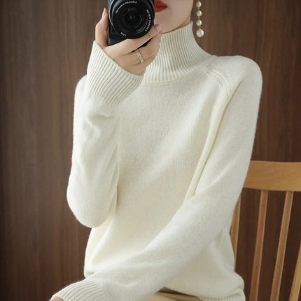Basic Autumn Winter Merino Wool Sweater Mock Neck Cashmere Pullover Solid Color Soft Long Sleeve Basic