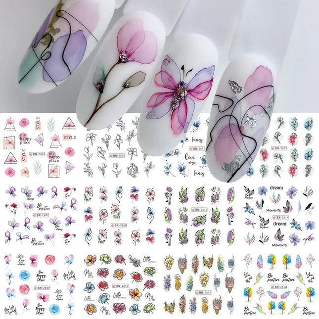 12 pegatinas de tinta para uñas con diseño de flores, calcomanías de agua de verano, flores floreciendo, hojas, grafiti, deslizador, decoración de uñas, láminas de tatuaje