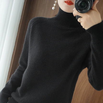 Basic Autumn Winter Merino Wool Sweater Mock Neck Cashmere Pullover Solid Color Soft Long Sleeve Basic