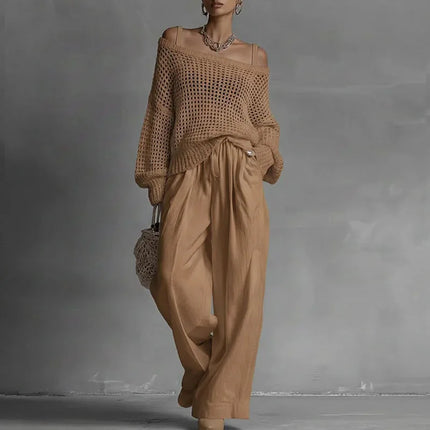 Off Shoulder Hollow Knit Womens Pants Set Long Sleeve Wide Leg Pants Outfit Casual Loose Summer Beach Vacation Pants Set Woman