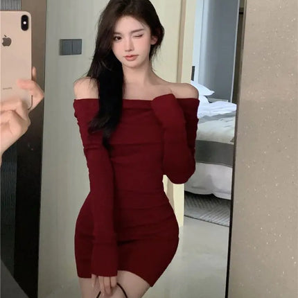 Black Off Shoulder Mini Dresses Elegant Long Sleeve Fashion Slim Sexy Women Autumn Winter Clothing Skinny Sweater Dress Bodycon