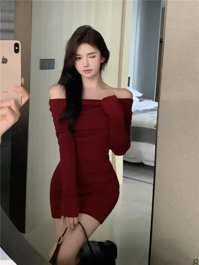 Black Off Shoulder Mini Dresses Elegant Long Sleeve Fashion Slim Sexy Women Autumn Winter Clothing - product image 2