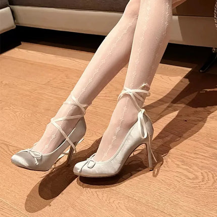 French Style Women Shoes Luxury Silk Bow Thin Heel Single Shoe Classic Round Toe Shallow Mouth High Heels for Women Ballet Pumps